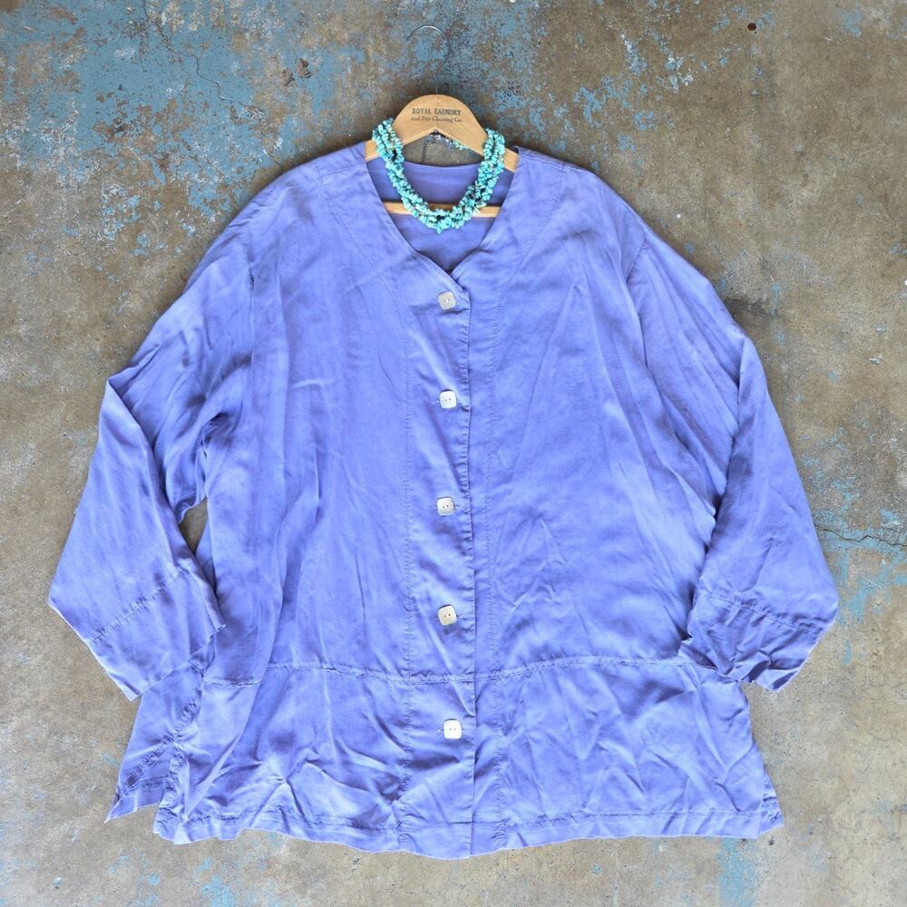 Amanda Gray 2 Periwinkle Button Down Top Plus Size 3X Tencel V Neck Long Sleeve